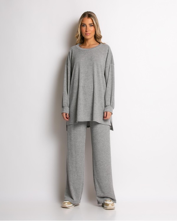 Σετ ψιλό πλεκτό ριπ μπλούζα και παντελόνι γκρι