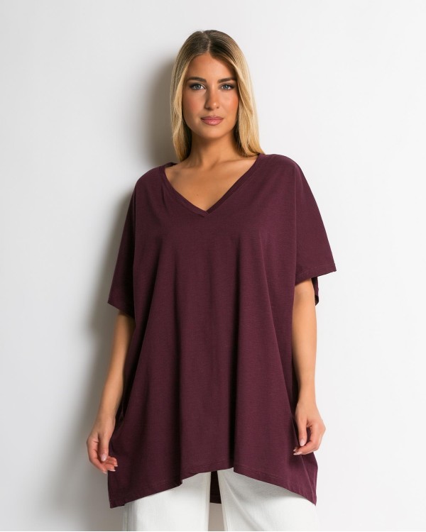 Μπλούζα oversized με "V" δαμασκηνί