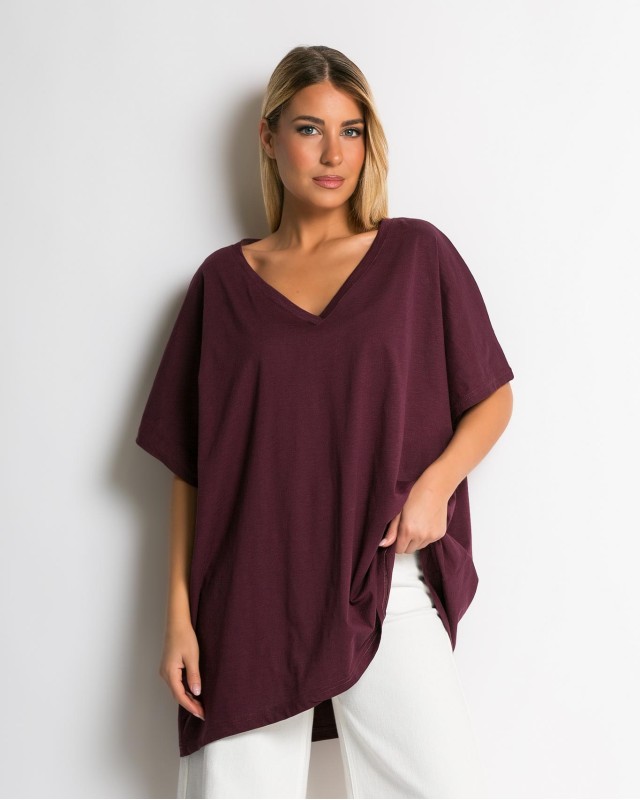 Μπλούζα oversized με "V" δαμασκηνί Μπλούζα oversized με "V" δαμασκηνί