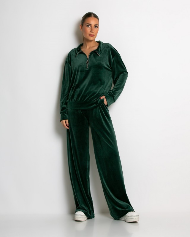 Σετ μπλούζα με φερμουάρ και παντελόνα βελουτέ κυπαρισσί