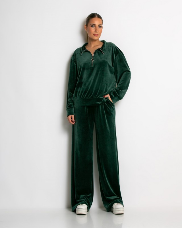 Σετ μπλούζα με φερμουάρ και παντελόνα βελουτέ κυπαρισσί