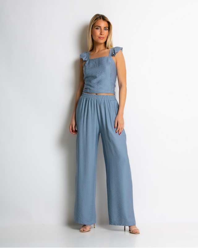 Σετ crop top με βολάν και παντελόνα σιέλ Σετ crop top με βολάν και παντελόνα σιέλ