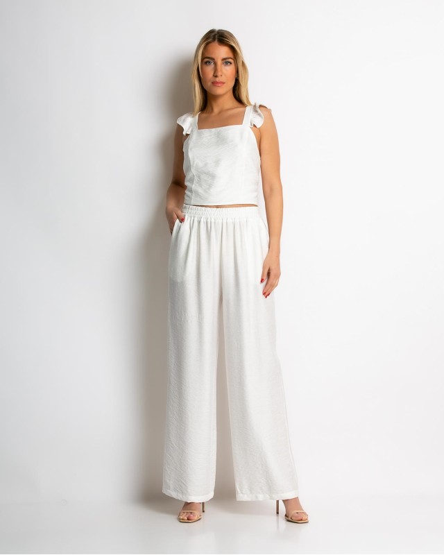 Σετ crop top με βολάν και παντελόνα εκρού Σετ crop top με βολάν και παντελόνα εκρού