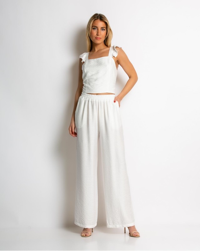 Σετ crop top με βολάν και παντελόνα εκρού Σετ crop top με βολάν και παντελόνα εκρού
