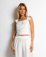Σετ crop top με βολάν και παντελόνα εκρού Σετ crop top με βολάν και παντελόνα εκρού