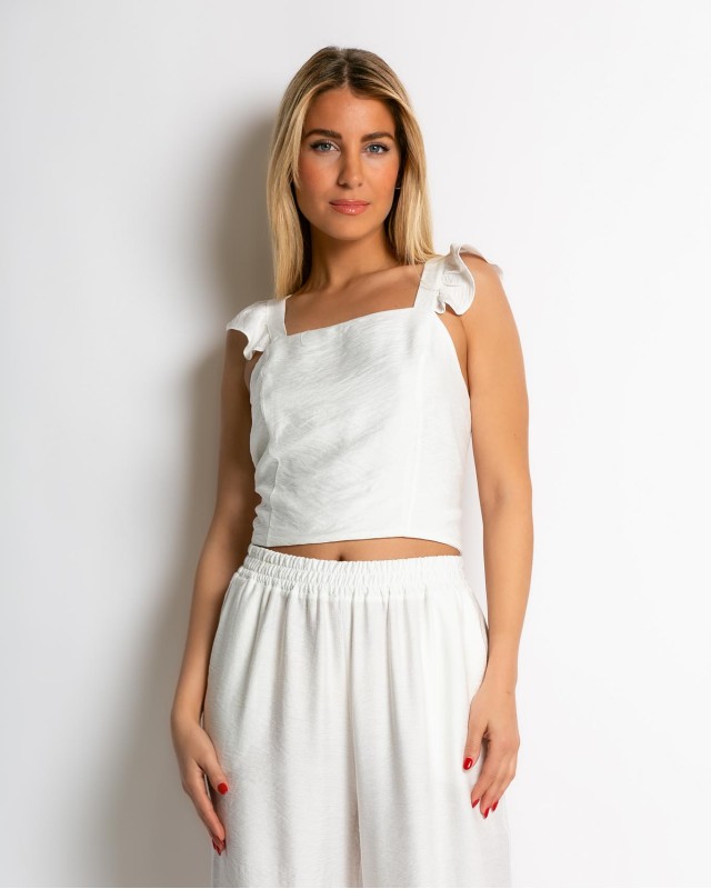 Σετ crop top με βολάν και παντελόνα εκρού Σετ crop top με βολάν και παντελόνα εκρού
