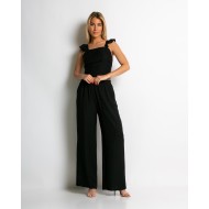 Σετ crop top με βολάν και παντελόνα μαύρο