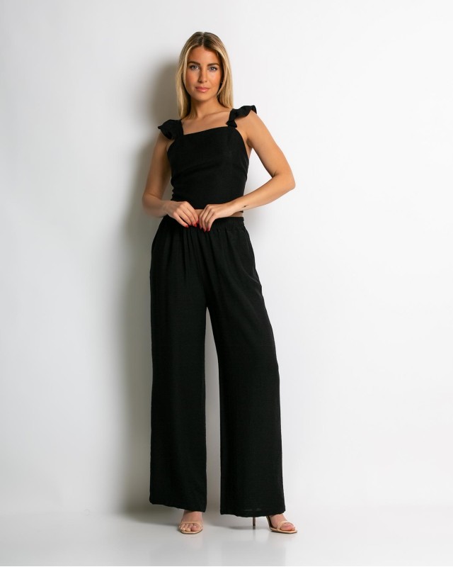 Σετ crop top με βολάν και παντελόνα μαύρο Σετ crop top με βολάν και παντελόνα μαύρο