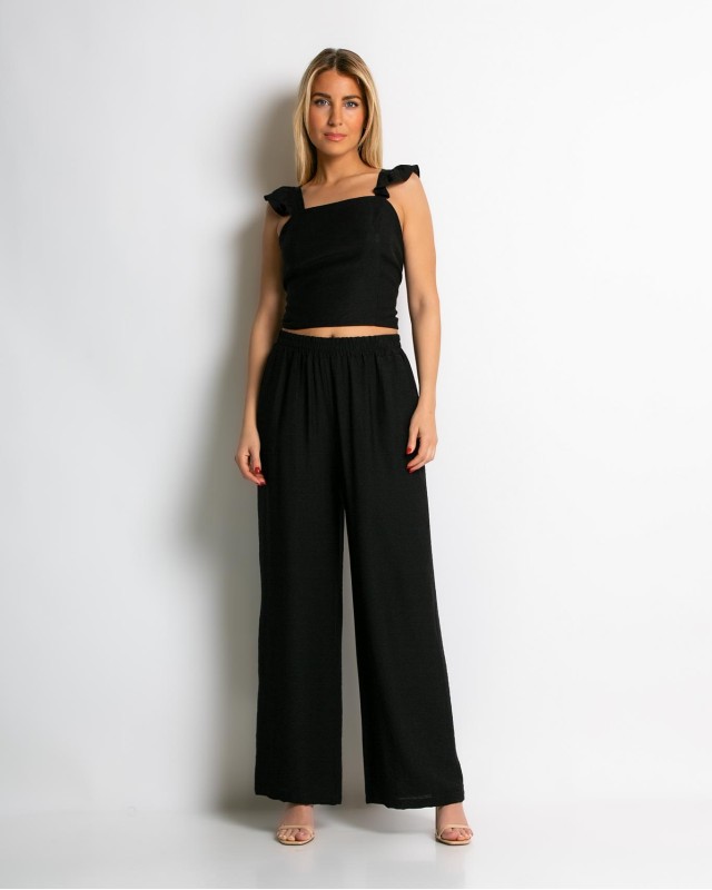 Σετ crop top με βολάν και παντελόνα μαύρο Σετ crop top με βολάν και παντελόνα μαύρο