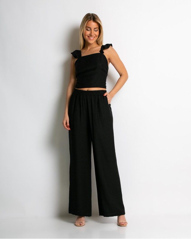 Σετ crop top με βολάν και παντελόνα μαύρο Σετ crop top με βολάν και παντελόνα μαύρο