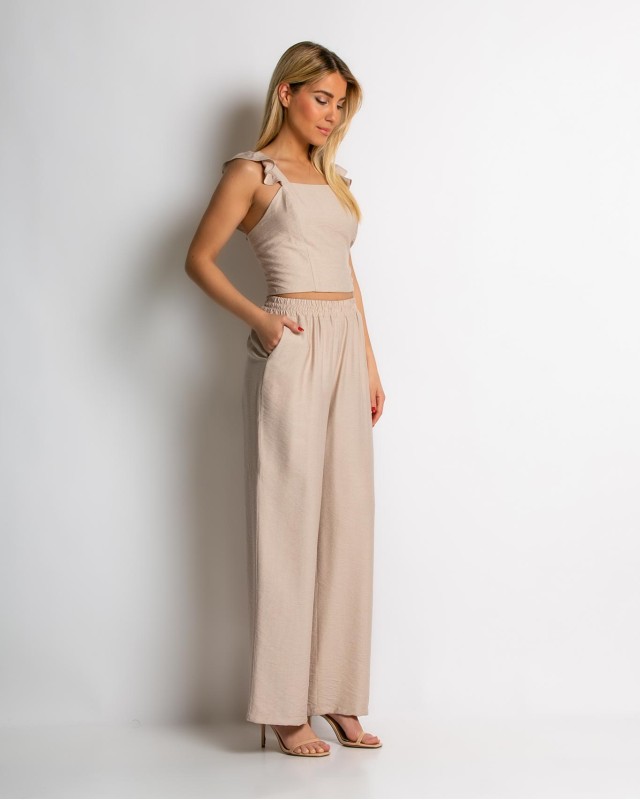 Σετ crop top με βολάν και παντελόνα μπεζ Σετ crop top με βολάν και παντελόνα μπεζ