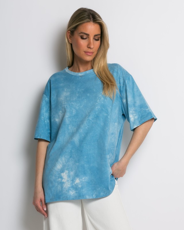 Oversized Tie-Dye T-shirt με διακριτική λάμψη πετρολ