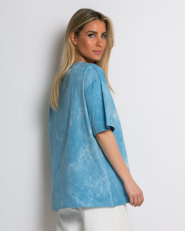 Oversized Tie-Dye T-shirt με διακριτική λάμψη πετρολ