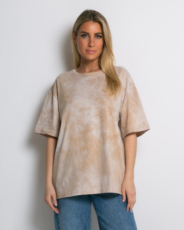 Oversized Tie-Dye T-shirt με διακριτική λάμψη μπεζ