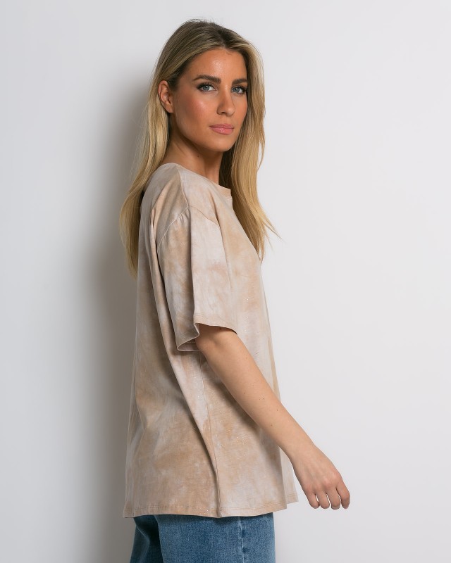 Oversized Tie-Dye T-shirt με διακριτική λάμψη μπεζ
