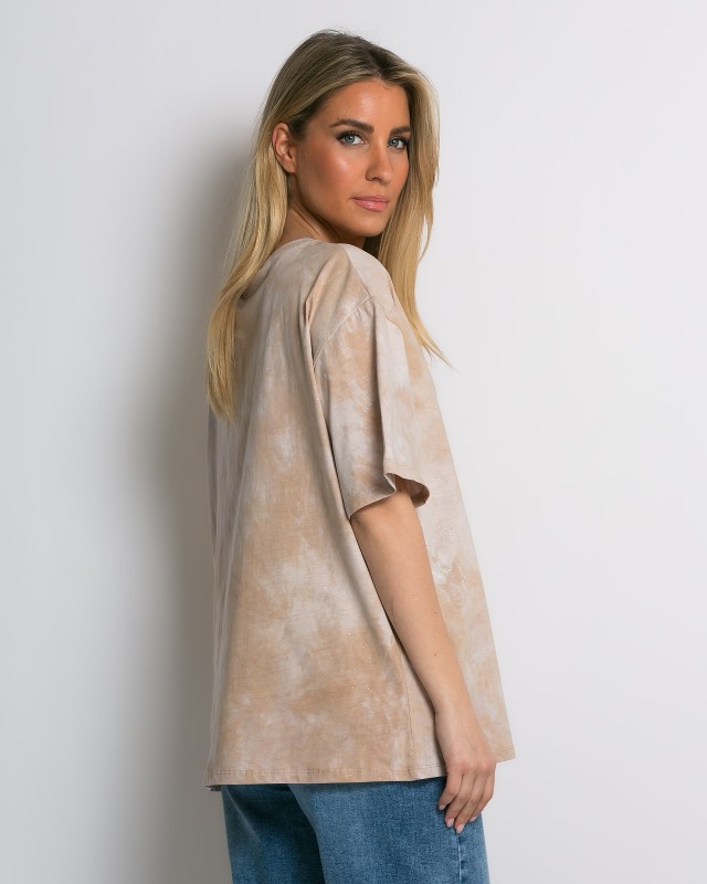 Oversized Tie-Dye T-shirt με διακριτική λάμψη μπεζ