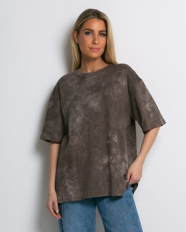 Oversized Tie-Dye T-shirt με διακριτική λάμψη καφέ