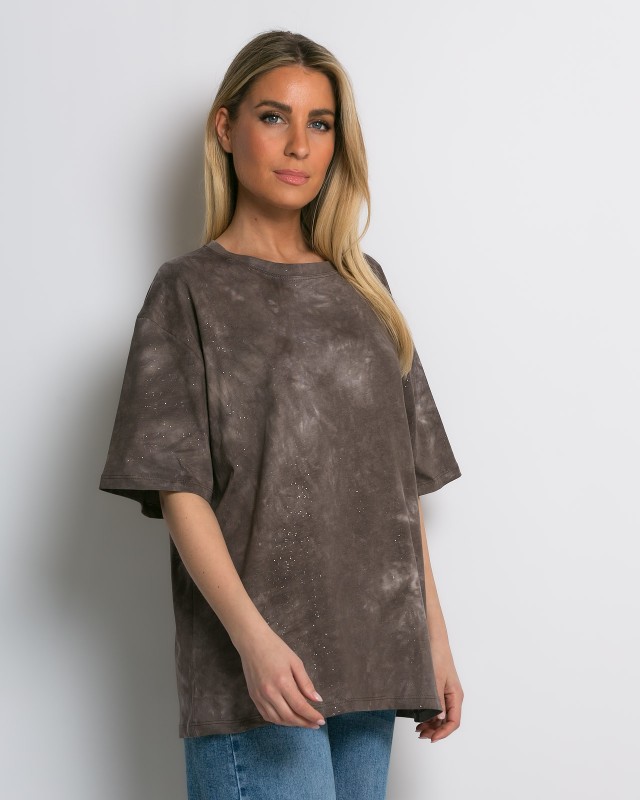 Oversized Tie-Dye T-shirt με διακριτική λάμψη καφέ