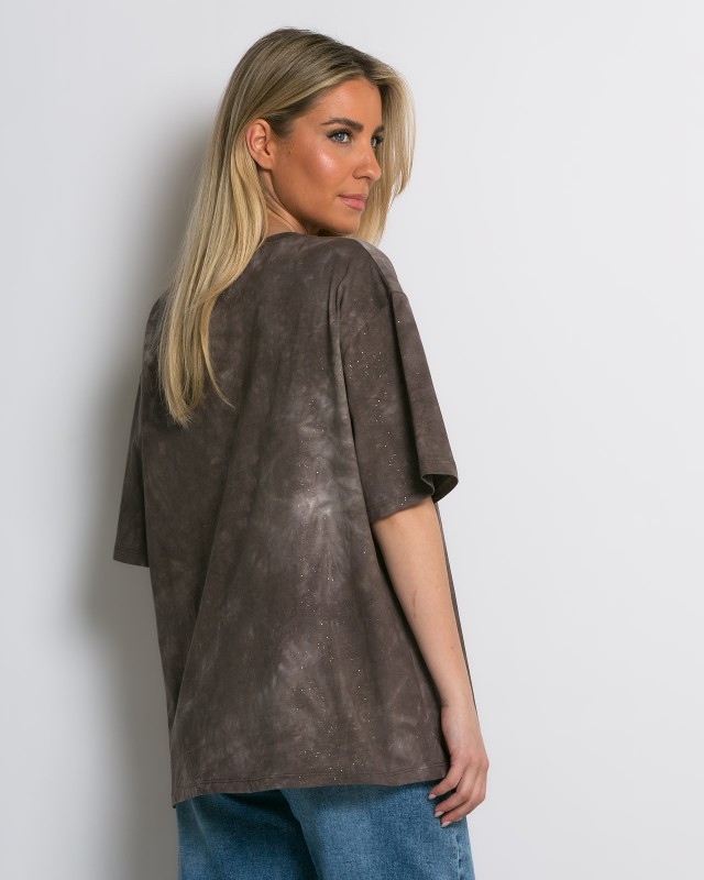 Oversized Tie-Dye T-shirt με διακριτική λάμψη καφέ