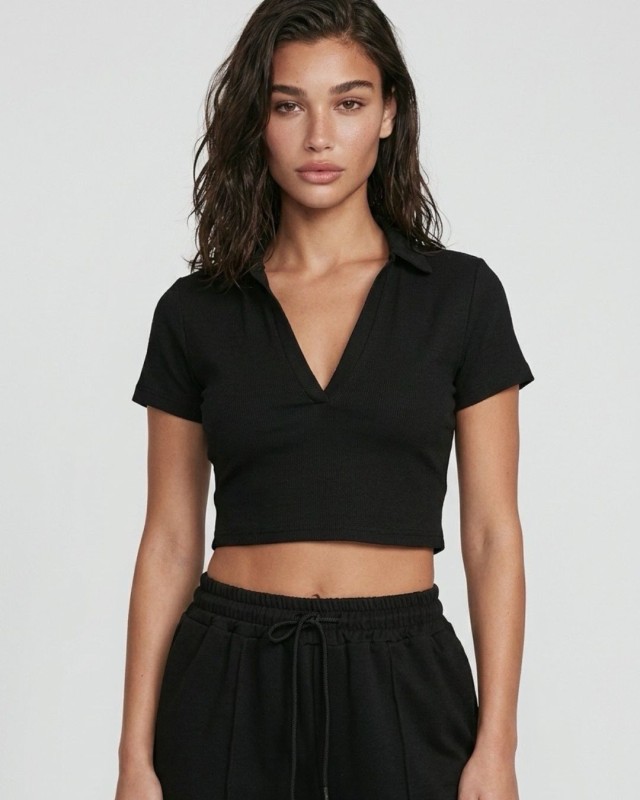 Crop top με γιακά μαύρο