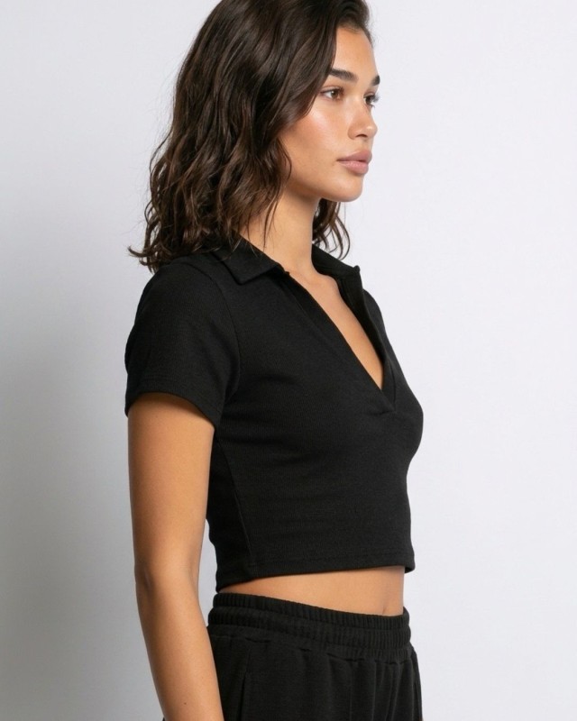 Crop top με γιακά μαύρο