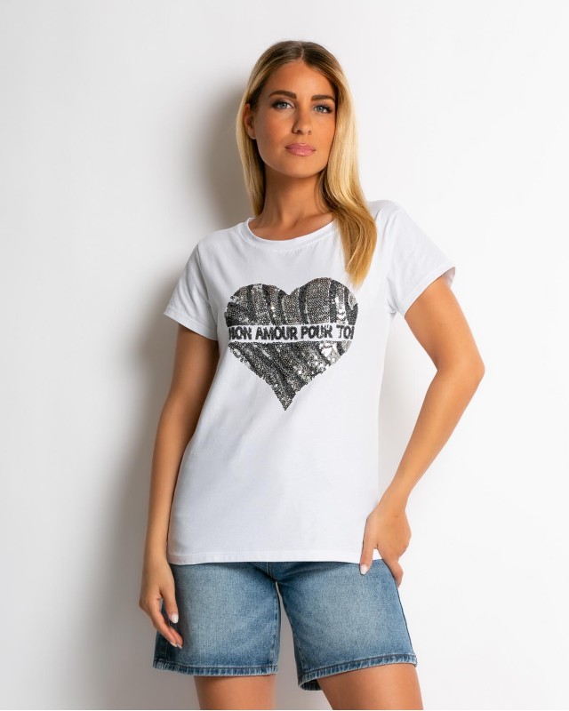 Μπλούζα κοντομάνικη με σχέδιο Mon amour ασημί