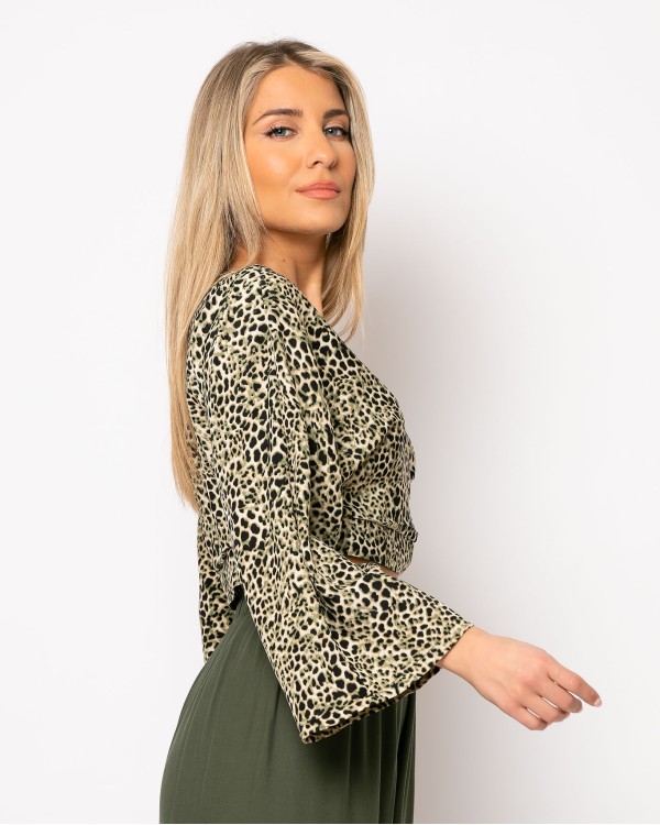 Crop top εμπριμέ "V" με δέσιμο και τρουακάρ μανίκι Χακί λεοπάρ
