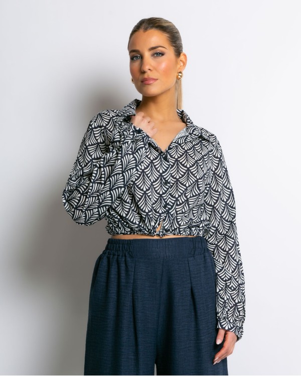 Μπλούζα crop με δέσιμο εμπριμέ navy
