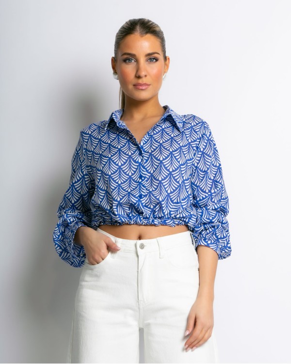 Μπλούζα crop με δέσιμο εμπριμέ navy