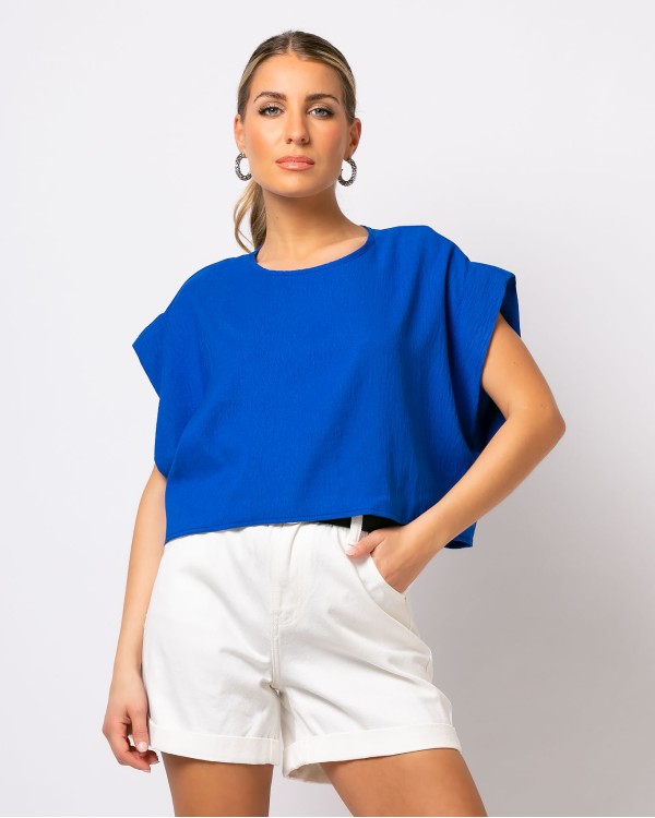 Μπλούζα Crop Top αμάνικο μακρύ μπλε ρουά