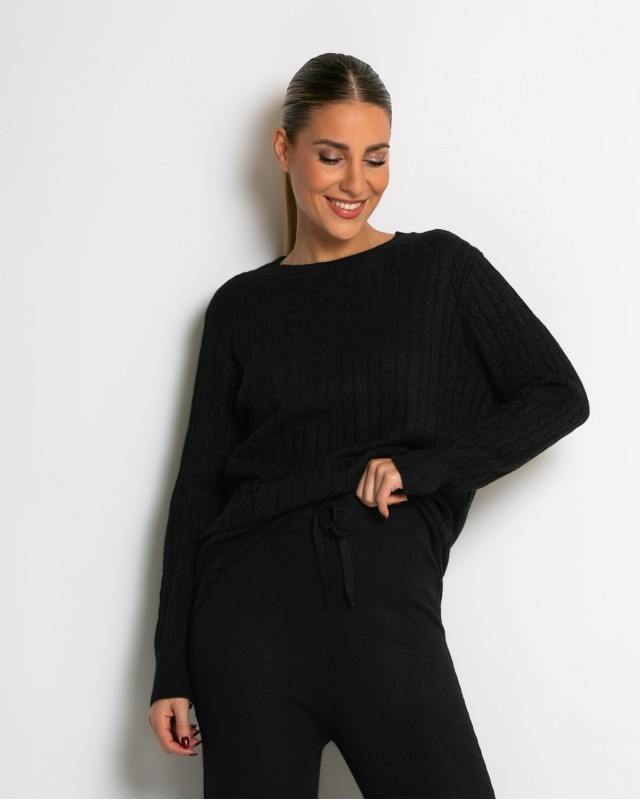 Σετ πλεκτό με ανάγλυφη πλέξη μπλούζα & παντελόνι μαύρο