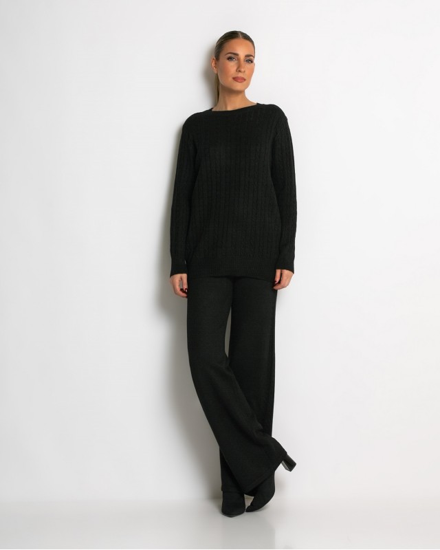 Σετ πλεκτό με ανάγλυφη πλέξη μπλούζα & παντελόνι μαύρο