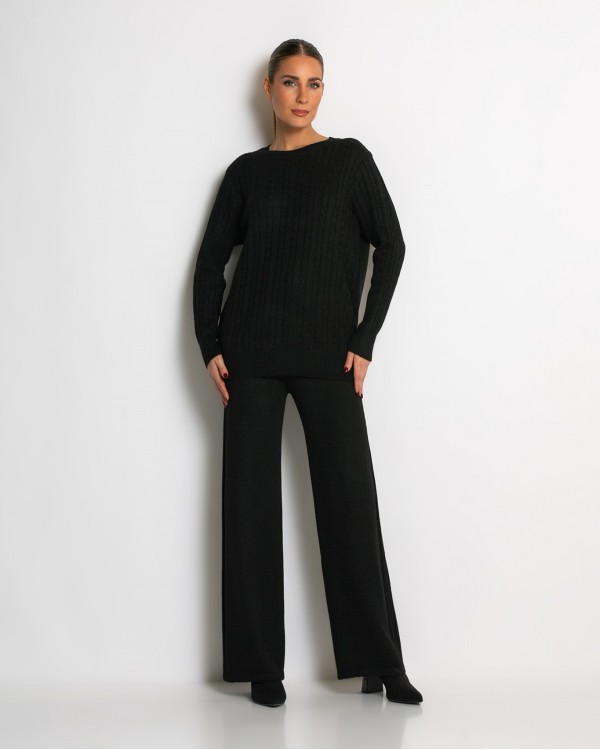 Σετ πλεκτό με ανάγλυφη πλέξη μπλούζα & παντελόνι γκρι