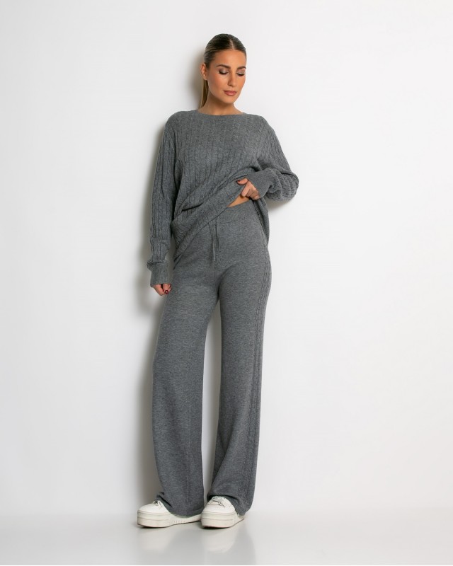 Σετ πλεκτό με ανάγλυφη πλέξη μπλούζα & παντελόνι γκρι