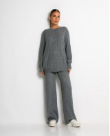 Σετ πλεκτό με ανάγλυφη πλέξη μπλούζα & παντελόνι γκρι