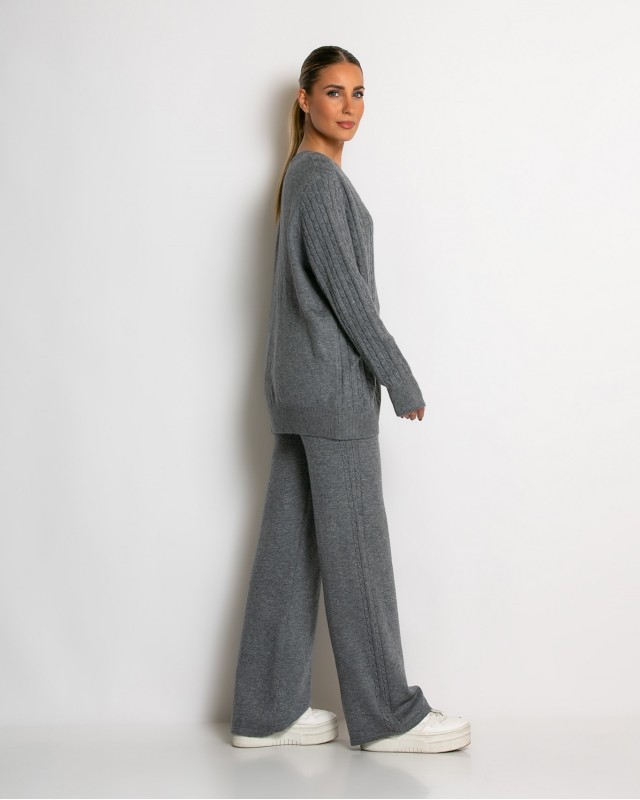 Σετ πλεκτό με ανάγλυφη πλέξη μπλούζα & παντελόνι γκρι