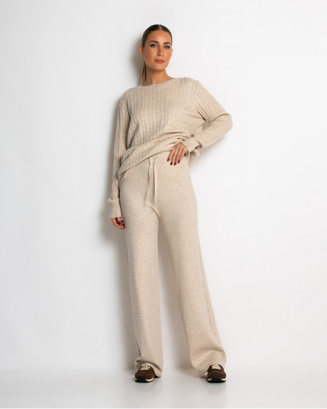 Σετ πλεκτό με ανάγλυφη πλέξη μπλούζα & παντελόνι μπεζ