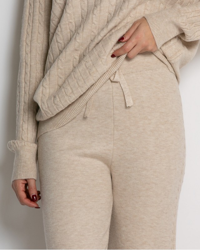 Σετ πλεκτό με ανάγλυφη πλέξη μπλούζα & παντελόνι μπεζ