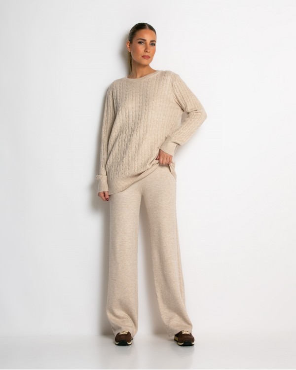 Σετ πλεκτό με ανάγλυφη πλέξη μπλούζα & παντελόνι γκρι