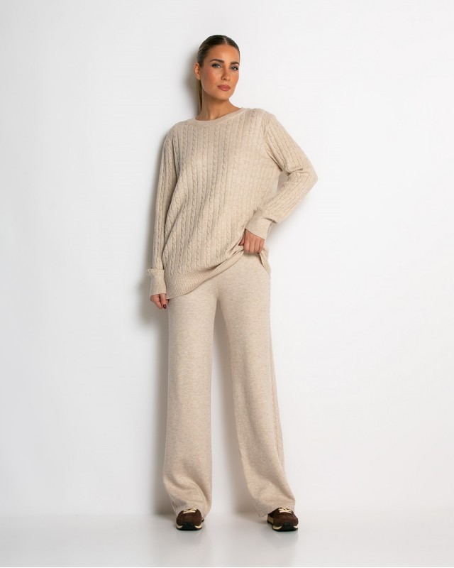 Σετ πλεκτό με ανάγλυφη πλέξη μπλούζα & παντελόνι μπεζ
