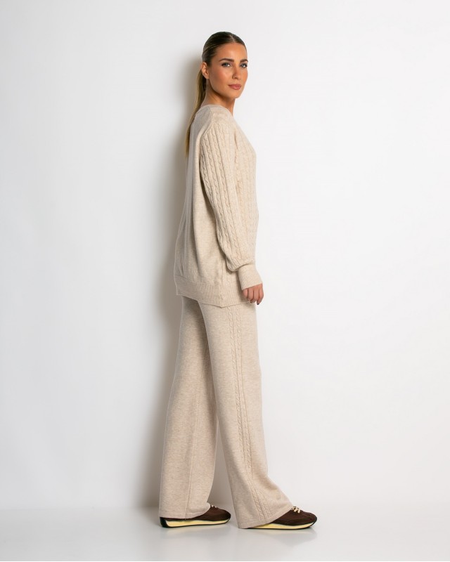 Σετ πλεκτό με ανάγλυφη πλέξη μπλούζα & παντελόνι μπεζ