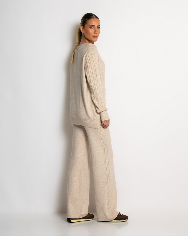 Σετ πλεκτό με ανάγλυφη πλέξη μπλούζα & παντελόνι μπεζ