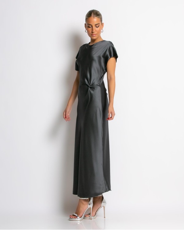 Φόρεμα κοντομάνικο με σχέδιο σούρα στην μέση ανθρακί