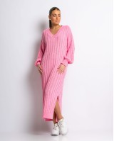 Φόρεμα πλεκτό μακρύ με V ροζ