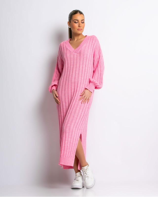 Φόρεμα πλεκτό μακρύ με V ροζ