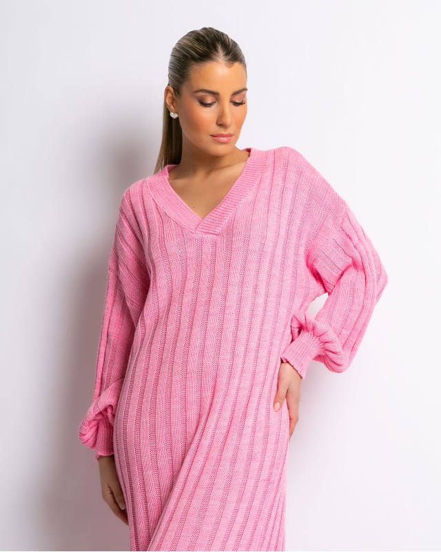 Φόρεμα πλεκτό μακρύ με V ροζ