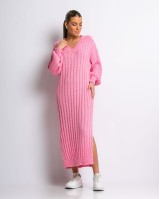 Φόρεμα πλεκτό μακρύ με V ροζ