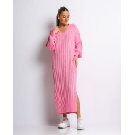 Φόρεμα πλεκτό μακρύ με V ροζ