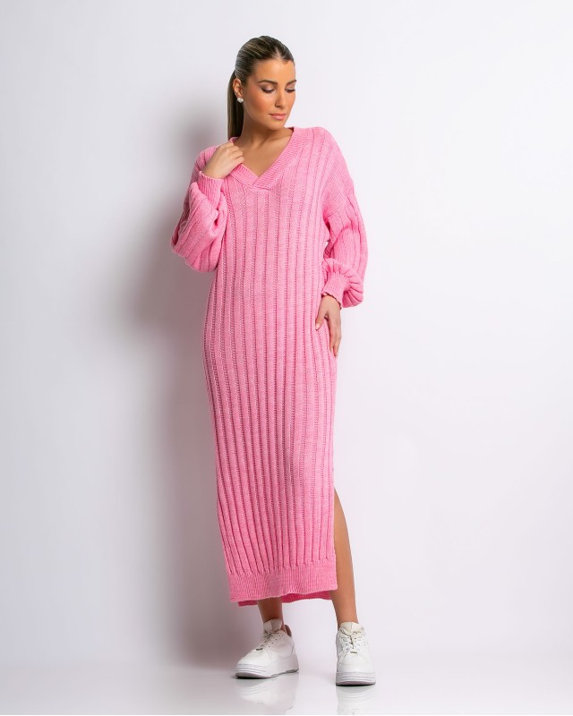 Φόρεμα πλεκτό μακρύ με V ροζ