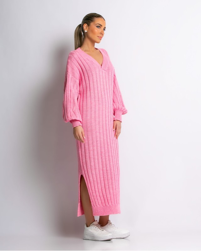 Φόρεμα πλεκτό μακρύ με V ροζ